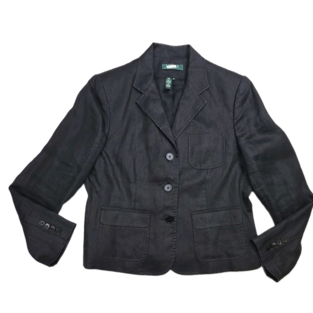 Lauren Ralph Lauren‎ 100% Linen Blazer Jacket Black Lined Boxy City Preppy 12 P